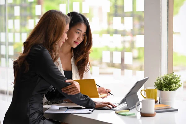 Focused Businesswomen Analyse Brainstorm Business Projects Together Cooperating Works — Stock Photo, Image