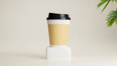 Plastik kahve fincanı, başlık ve kağıt bardakla podyumda minimumda duruyor. 3d görüntüleme, 3d illüstrasyon 