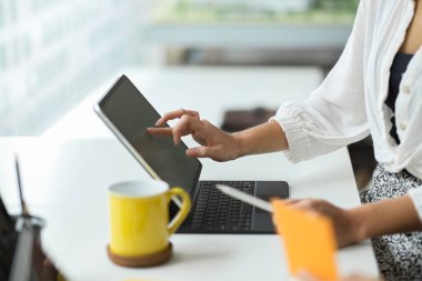 Kadın grafik tasarımcısı, birlikte çalıştığı kafede dijital tablet bilgisayarını kullanıyor..