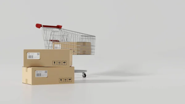 Pakketdozen Mockup Pakketdoos Winkelwagen Kartonnen Dozen Witte Achtergrond Weergave Illustratie — Stockfoto