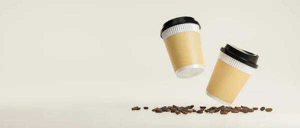 ホットコーヒーカップ 紙コーヒーカップは ベージュの背景にあなたのグラフィックのためのモックアップスペースとモックアップ 3Dレンダリング 3Dイラスト — ストック写真