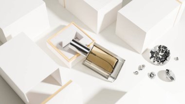 Beyaz arka planda beyaz kutular ve kristal elmaslı bir şişe lüks esans parfümü. 3d görüntüleme, 3d illüstrasyon