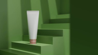 Modern yeşil sahnede cilt bakımı beyaz tüp modeli ambalajı. El kremi, vücut losyonu, yüz temizleme, doğal ürün. 3d görüntüleme, 3d illüstrasyon