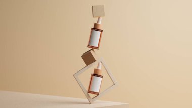 Cilt bakımı konsepti. Damlatan şişeler, bej arka planda geometrik şekillerle modellenir. 3d görüntüleme, 3d illüstrasyon