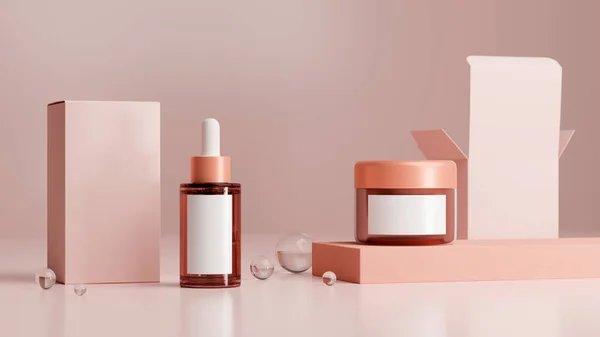 Stylish Beauty Skincare Cosmetics Mockup Banner Dropper Bottle Jar Cream — Stock Photo, Image