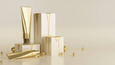 Açık bej arka planda fotokopi alanı olan lüks bir altın cilt tüpü. Vücut losyonu, kozmetik. 3d görüntüleme, 3d illüstrasyon