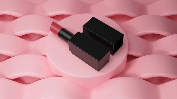 ピンクの表彰台とピンクの抽象的な背景にエレガントな黒のパッケージで赤い口紅 化粧品化粧品 3Dレンダリング 3Dイラスト — ストック写真
