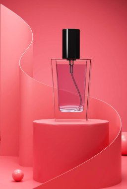 Lüks kozmetik reklamları konsepti. Parfüm şişesi maketi kırmızı kaidede dikiliyor ve soyut bir arkaplan çiziyor. Parfüm ambalajı tasarımı. 3d görüntüleme, 3d illüstrasyon