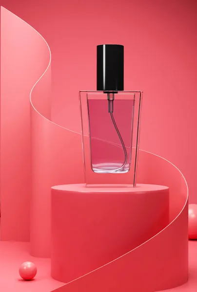 Luxury Cosmetic Ads Concept Perfume Bottle Mockup Stand Red Pedestal — Stock Photo, Image