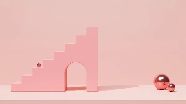 Escaleras Mínimas Color Rosa Con Puerta Arco Sobre Fondo Rosa — Foto de Stock