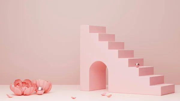 アーチと流行最小限のピンクの背景に階段 現代の幾何学的グラフィックパステルピンクデザインの商品発表会 3Dレンダリング 3Dイラスト — ストック写真