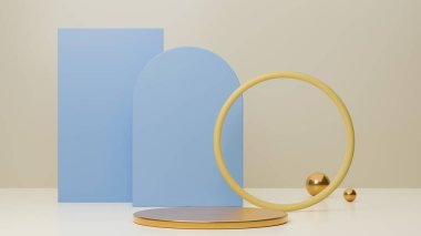 Arkaplanda mavi geometrik şekiller olan ürün sunumu için minimum mavi kaide. Podyum sahnesi, afişler. 3d görüntüleme, 3d illüstrasyon