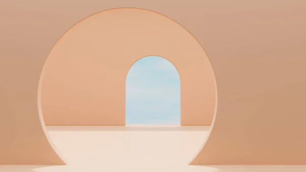 サークルとオレンジのパステルの背景にアーチドア 商品説明会商品展示会の様子 モダンなディスプレイデザインコンセプト 3Dレンダリング 3Dイラスト — ストック写真