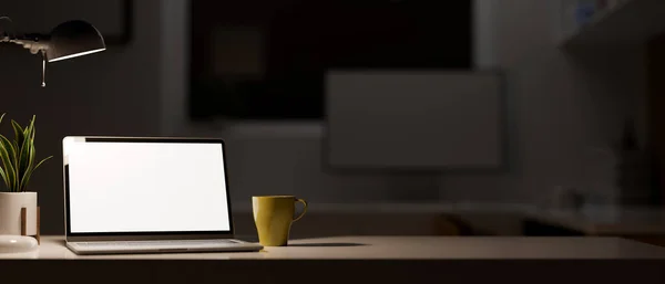 Close Portable Laptop Computer Blank Screen Mockup Copy Space Table — Stock Photo, Image