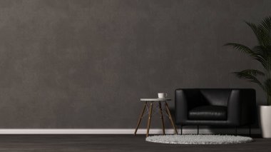 Modern hipster oturma odası iç tasarımı deri kanepe, minimal yan masa, ev bitkisi, rahat halı ve fotokopi alanı. 3d görüntüleme, 3d illüstrasyon
