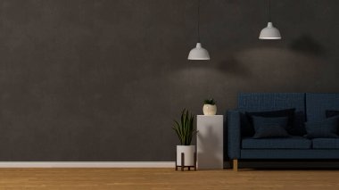 Dairenin içinde şık mavi kanepe, ev dekorasyonu, lamba ve parke zeminde fotokopi alanı var. 3d görüntüleme, 3d illüstrasyon