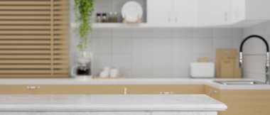 İskandinav mutfağının iç tasarımı mermer mutfak adasıyla birlikte arka plandaki yemek pişirme alanındaki ürününüzün montajı için. 3d görüntüleme, 3d illüstrasyon