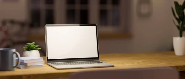 Laptop Dator Vit Skärm Mockup Träbord Bekvämt Vardagsrum Återgivning Illustration — Stockfoto