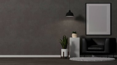 3D tasarım, modern karanlık oturma odası iç tasarımı, siyah deri koltuk, gri duvarda boş poster çerçevesi ve dekorasyonlar. 3d illüstrasyon