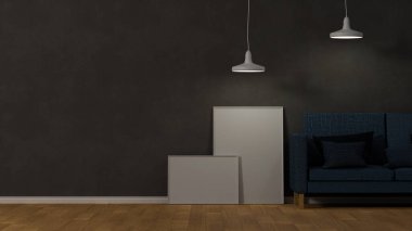 Modern klasik çatı katı ve karanlık oturma odası iç tasarımı boş poster modeli, kanepe ve lambalar. 3d görüntüleme, 3d illüstrasyon