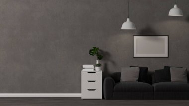 Gri arka planda rahat gri kanepe ve oda dekorasyonuyla modern çağdaş oturma odası iç tasarımı. 3d görüntüleme, 3d illüstrasyon