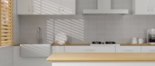 复制空间在现代木制厨房台面上的产品陈列在简约厨房室内设计的背景上 3D渲染 3D说明 — 图库照片