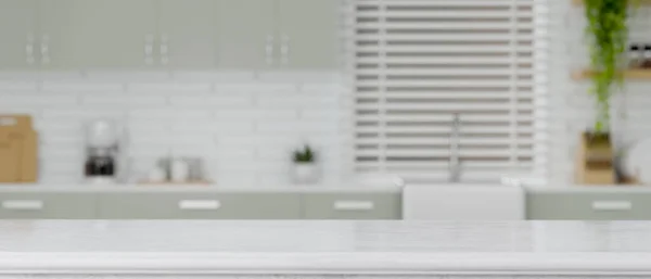 Современный Белый Чистый Дизайн Интерьера Кухни Копировальным Пространством Современном Мраморном — стоковое фото