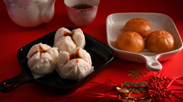Čínská Kuchyně Koncept Dušené Červené Mleté Vepřové Buchty Smažené Vepřové — Stock fotografie