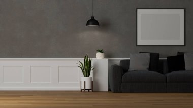 Modern oturma odasının içi. Rahat gri kanepe modeli, ev dekorasyonu ve duvarda boş poster çerçevesi. 3d görüntüleme, 3d illüstrasyon