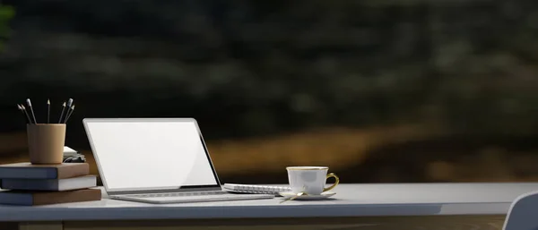 Munkaterület Laptop Számítógép Mockup Könyvek Írószerek Kávéscsésze Másolás Helyet Asztalon — Stock Fotó