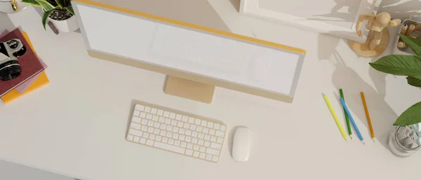 デスクトップコンピュータのモックアップ 文房具 カメラ オフィス用品と現代的で創造的なワークスペースのトップビュー オーバーヘッドビュー 3Dレンダリング 3Dイラスト — ストック写真