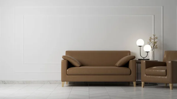 Modern Contemporary Living Room Interior Set Brown Leather Sofa White — Zdjęcie stockowe