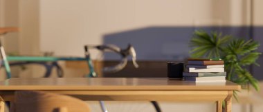 Kitaplar, çay fincanı ve ahşap masa üstündeki montaj için fotokopi alanı olan rahat bir ev çalışma alanı. 3d görüntüleme, 3d illüstrasyon