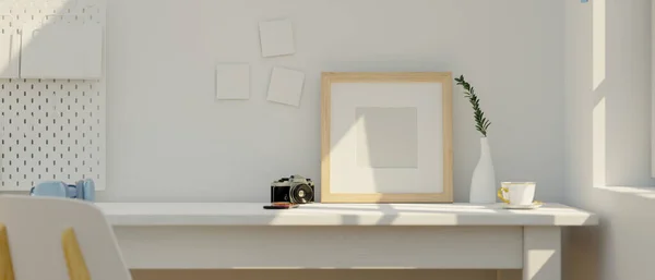 Minimal White Home Workspace Blank Wooden Frame Camera Decor Table — Stock Fotó