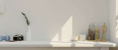 Close-up Minimal white workspace with a daylight, copy space for product display, painting tools, decor and accessories. 3d rendering, 3d illustration