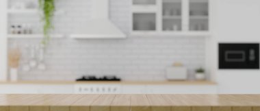 A copy space for product display on wooden top table over blurred modern white kitchen interior on the background. 3d rendering, 3d illustration