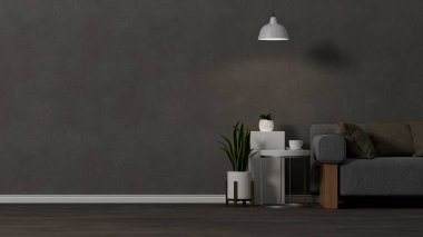 3d rendering, Modern contemporary dark living room interior with comfort sofa, side table, lamp, home decor furniture over grey wall. 3d illustration