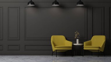 3d rendering, Modern luxury dark living room with stylish yellow armchair and coffee table on a marble floor over black panel wall background. 3d illustration