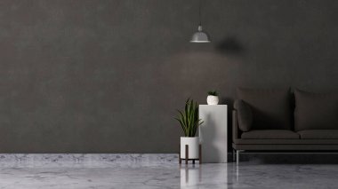 Luxury dark living room interior with grey sofa mock up, indoor plant, modern interior furniture and copy space on marble floor, empty black wall. 3d rendering, 3d illustration