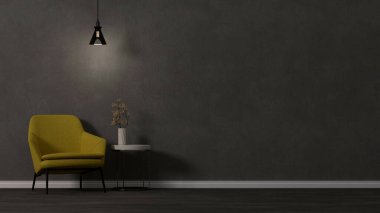 Stylish dark living room interior design with trendy yellow comfy armchair, coffee table, lamp and copy space over dark grey wallpaper. 3d rendering, 3d illustration