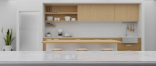 3Dレンダリング 製品表示のための白いキッチンカウンターのコピースペースと現代的な白と木製のキッチンインテリアデザイン 3Dイラスト — ストック写真
