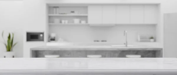 Modern marble white kitchen countertop with mockup space for product display over blurred white marble kitchen interior in the background. 3d rendering, 3d illustration