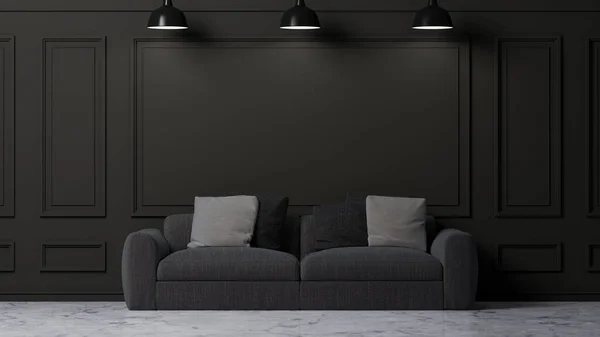 Modern Stylish Dark Living Room Interior Cozy Dark Grey Sofa — Foto de Stock