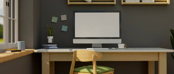 Modern working table or study table in home office with pc desktop computer and decor on modern wooden table over grey background. 3d rendering, 3d illustration