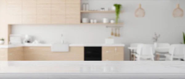 3d rendering, White granite kitchen countertop for montage your product over modern Scandinavian kitchen background. 3d illustration