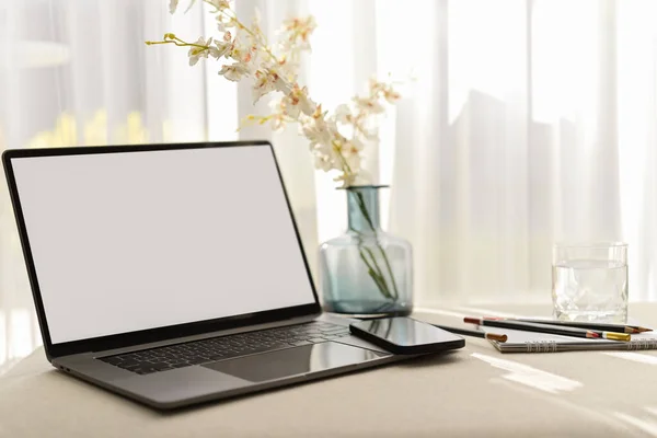 Comfortable Cozy Workspace Modern Laptop Computer White Screen Mockup Table Stock Picture