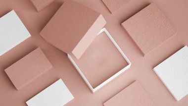 Top view, above, an open empty box with name card or business card on pink background. 3d rendering, 3d illustration