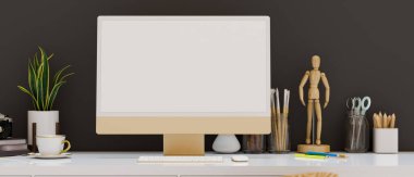 Close-up, Modern office workspace with desktop computer white display and office decorations on a table over dark grey wall. 3d rendering, 3d illustration