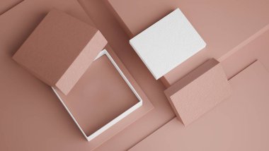 Pembe arka planda boş pembe kart kutusu. İsim kartı, kartvizit ambalajı. 3d görüntüleme, 3d illüstrasyon