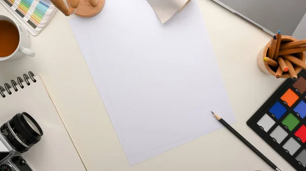 Graphic Designer Photographer Workspace Concept Blank Paper Page Camera Colour — Φωτογραφία Αρχείου